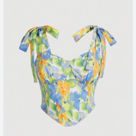 Tops - Floral Tie Strap Crop Top XS Y2K Tropical Coquette Summercore Cottagecore Vibes